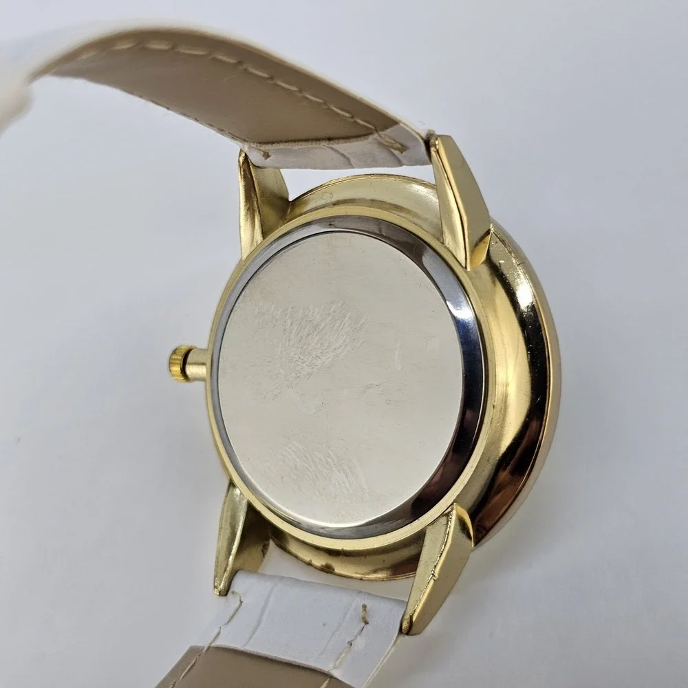 Unisex Analog Watch 40MM White Dial White Faux Leather Bands New Battery